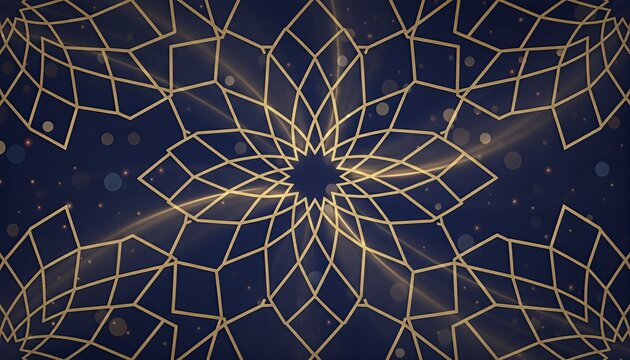 Intricate golden geometric pattern on a dark blue background with subtle light rays and bokeh effects, creating a mystical and decorative abstract design.