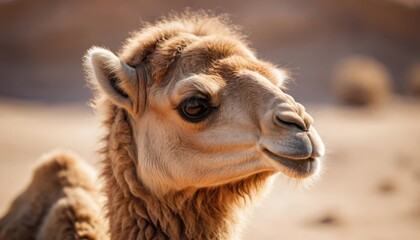 Fototapeta premium Camel calf enjoying warm sun in desert landscape during daylight hours Generative AI