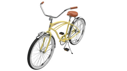 Isolated yellow beach cruiser bicycle with brown seat and handlebars, chrome fenders and spokes