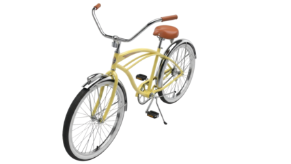 Isolated yellow beach cruiser bicycle with brown seat and handlebars, chrome fenders and spokes