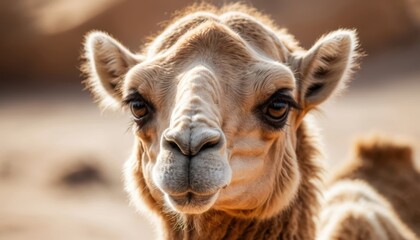 Fototapeta premium Camel gazing curiously under bright sunlight in a desert landscape Generative AI