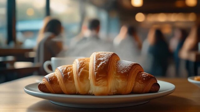 A fresh croissant on a plate, ready to be enjoyed with a hot drink and good company. In the background, people are enjoying each other's company in a cafe setting. 