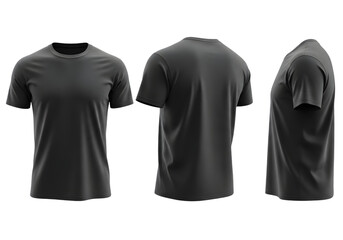 Three views of a plain black t shirt on a black background