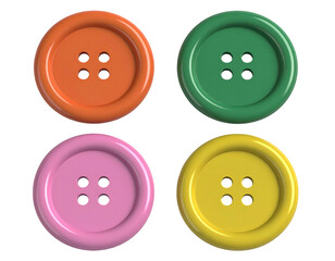 Four colorful plastic buttons, orange, green, pink, yellow, on black