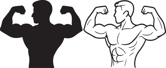  a muscular man flexing his biceps in silhouette and line art