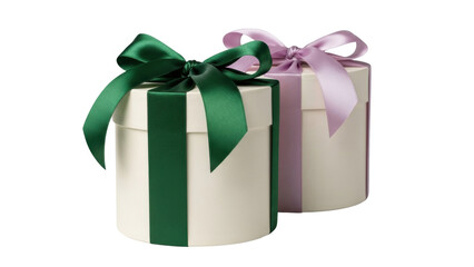 Isolated Cylindrical Gift Boxes with Elegant Green and Lavender Ribbons for Special Occasions