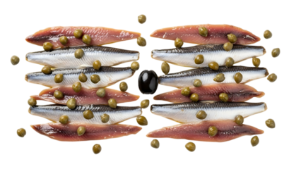 Delicious Mediterranean appetizer of anchovy fillets with capers and olive isolated on transparent background