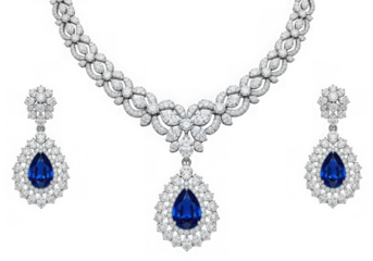 Luxurious diamond sapphire necklace matching drop earrings, a stunning jewelry set isolated on transparent background