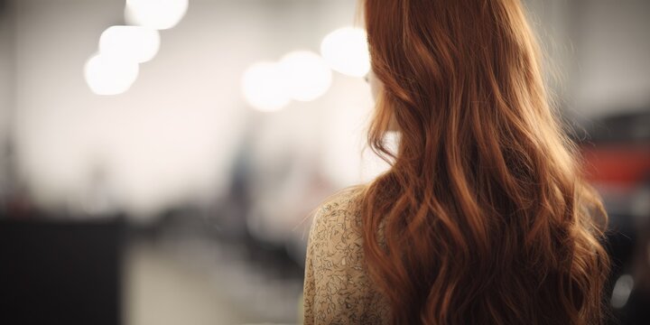 Woman with long red hair contemplating indoors