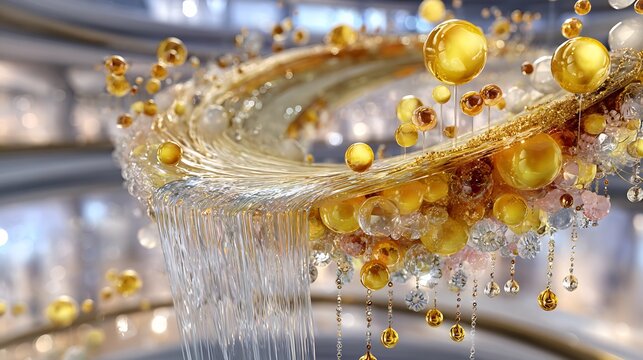Gilded molecular fountain precious metal cascading energy refined discovery Business background featuring resplendent gilded molecular fountain precious gold platinum molecule forming cascading energy