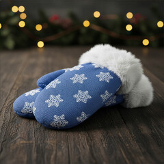 Cozy Blue Snowflake Mittens with Fur Cuffs on Wooden Table with Festive Lights