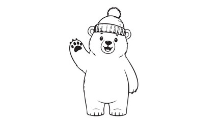 Fototapeta premium Cute cartoon polar bear wearing a knit hat waving hello in a friendly winter scene.