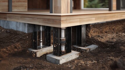 Underpinning job with steel screw pile supporting concrete beam beneath building corner, showing hoist plate and compacted soil.