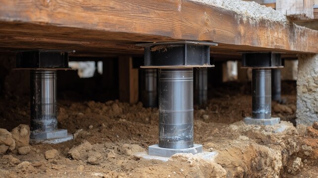 Underpinning job with steel screw pile supporting concrete beam beneath building corner, showing hoist plate and compacted soil.