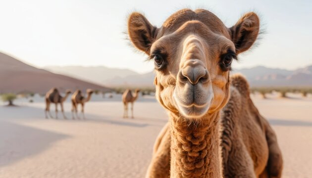 Friendly camel portrait in a serene desert landscape with fellow camels nearby Generative AI