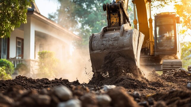 Excavator digging beside a residential house to inspect and access a compromised foundation for repair.
