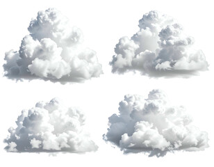 Four realistic fluffy white cumulus clouds on dark background