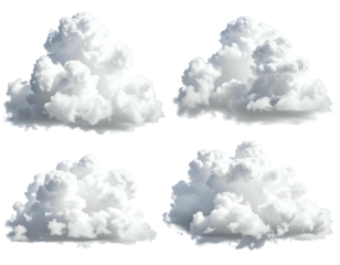 Four realistic fluffy white cumulus clouds on dark background