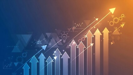 Abstract business background with upward-pointing arrows, bar charts, and innovative icons, symbolizing financial growth, success, strategic planning, and creative solutions.