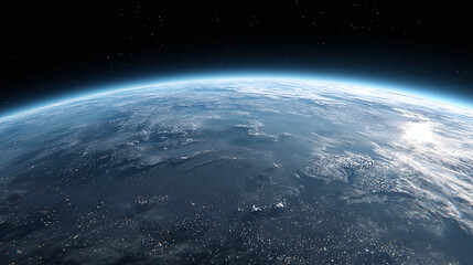 A breathtaking view of Earth from space. The planet's atmosphere glows with a stunning blue hue, creating a mesmerizing scene