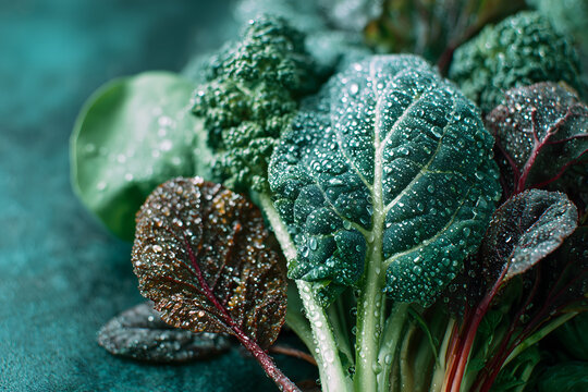 Fresh vibrant green and red leafy vegetables with glistening water droplets.