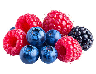 Fresh, colorful raspberries, blueberries, & blackberries pile