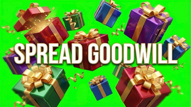 Festive holiday presents on vibrant green background encourage you to spread goodwill and joy, perfect for holiday advertising