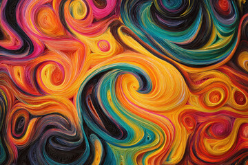 vibrant swirling abstract artwork with flowing lines and a rich color palette of warm oranges yellows pinks and cool blues and greens