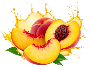 Juicy peaches, whole and cut, with a dynamic golden liquid splash