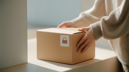 Secure delivery service, protected parcel transport and e-commerce packaging marketing shown through a box marked with a security icon. Shipping protection, retail logistics and safe goods handling