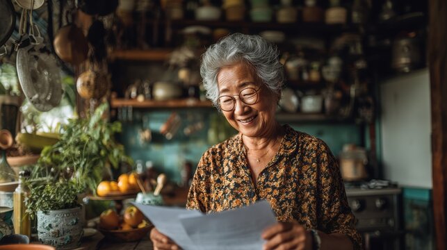 Elderly Woman Reading a Letter in a Cozy Kitchen Filled with Plants and Vintage Decor
