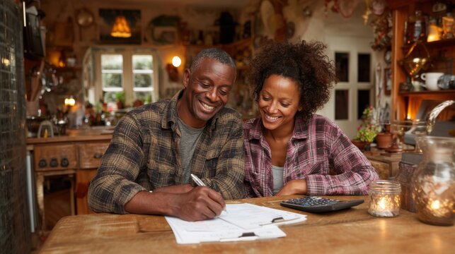 Happy Couple Managing Finances Together in Cozy Rustic Kitchen Setting with Warm Lighting