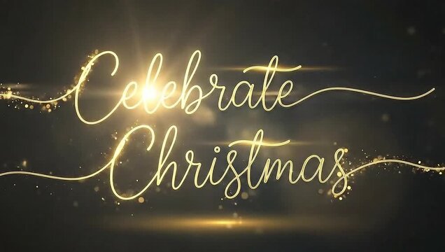 A golden Celebrate Christmas sign against a dark, elegant background, with sparkling lights dancing around the text