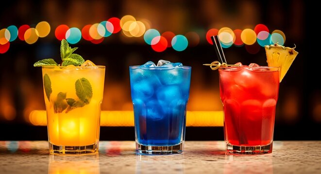 Tropical cocktails on a bar with blurred lights representing vibrant nightlife experiences and exotic drink flavors to inspire summer vacation dreams