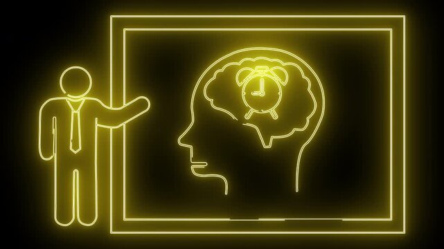Yellow neon outlines a person lecturing on time management with brain and clock on a screen