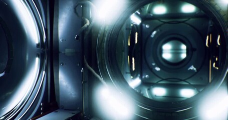 An advanced corridor featuring bright lights and sleek metallic walls creates a futuristic atmosphere. The space reflects a science fiction setting, emphasizing technology and design. - Powered by Adobe