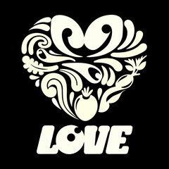 Cream heart shape formed from stylized vegetables and leaves