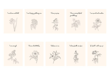 Floral affirmation cards, minimalist botanical line art with positive quotes, aesthetic motivation card set