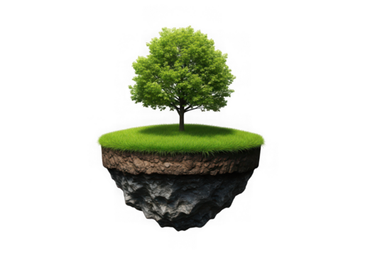 A vibrant green tree stands tall on a floating island of lush grass rich soil, isolated on transparent background