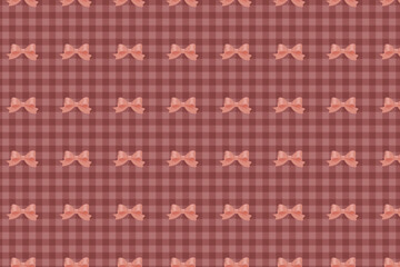 Pink bow gingham pattern, seamless cute ribbon repeat on burgundy checkered background, swatch available in swatches panel