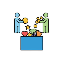 Two figures exchange items over a blue bin filled with t-shirts, books, hearts, and stars symbolizing community sharing and donation activities