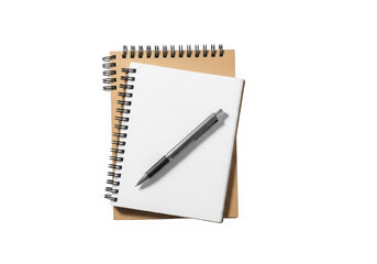 Naklejka premium Top view of a black pen on a white spiral notebook stacked on a kraft notebook, isolated on transparent background