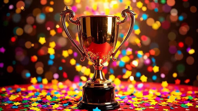 Golden trophy on red surface with confetti