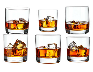 Six clear glasses with amber spirit and ice cubes ready to serve