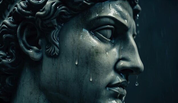 Closeup of a classical marble statues face crying or wet from rain with dramatic dark lighting