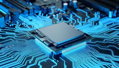 Closeup of a modern computer central processing unit chip installed on a dark motherboard with blue light accents - Powered by Adobe