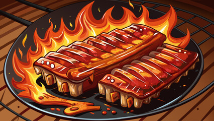 Juicy grilled pork ribs brushed with sweet and sour sauce, sizzling on a hot barbecue grill. Rich smoky texture, caramelized glaze, and vibrant food styling perfect for BBQ or culinary advertising