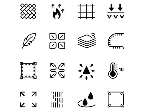 Explore fabric properties with this versatile design element featuring icons for weave, breathability, layering, temperature, stretch, and water resistance for diverse creative projects
