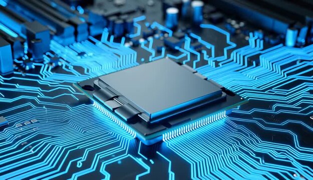 Closeup of a modern computer central processing unit chip installed on a dark motherboard with blue light accents
