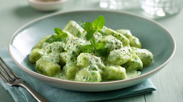 A flat lay of spinach gnocchi with ricotta sauce, soft pastel green backdrop, clean styling